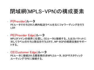 閉域網(MPLS-VPN)の構成要素
• P(Provider)ルータ
PEルータで付与された網内転送ラベルを元にフォワーディングを行う
LSR
• PE(Provider Edge)ルータ
MPLSドメインの境界に位置し、CEルータと接続する。入出力パケットに
対してラベルの付与と除去を行うLERで、MP-BGPの経路交換をサポー
トする。
• CE(Customer Edge)ルータ
PEルータに接続される顧客側の非MPLSルータ。BGPやスタティック
ルーティングでPEに接続する。
 