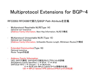Multiprotocol Extensions for BGP-4
RFC2283/RFC4360で新たなBGP Path Attributeを定義
• Multiprotocol Reachable NLRI(Type 14)
Optional non-transitive
[Address Family Information, Next Hop Information, NLRI]で構成
• Multiprotocol Unreachable NLRI (Type 15)
Optional non-transitive
[Address Family Information, Unfeasible Routes Length, Withdrawn Routes]で構成
• Extended Communities(Type 16)
Optional transitive
Route Targetの伝達
• Address Family Information
[AFI, SAFI]で構成. SAFIはAFIで識別されたプロトコルの詳細
AFI(Address Family Identifier) 1 ⇒ IPv4 / 2 ⇒ IPv6
SAFI(Sub-AFI) 1 ⇒ Unicast / 2 ⇒ Multicast
4 ⇒ NLRI with MPLS Labels(ラベル情報の伝達)
128 ⇒ MPLS-labeled VPN address(VPNv4 prefixの伝達)
 