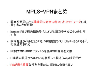 MPLS-VPNまとめ
• 顧客や目的ごとに論理的に完全に独立したネットワークを構
築することが可能
• Ingress PEで網内転送ラベルとVPN識別ラベルの2つを付与
する
• 網内転送ラベルはLDPで、VPN識別ラベルはMP-iBGPでそれ
ぞれ通知される
• PE間でMP-iBGPセッションを張りVRF経路を交換
• Pは網内転送ラベルのみを参照して転送(swap)するだけ
• PEが最も重要な役割を果たし、同時に負荷も高い
 