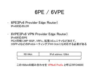 6PE / 6VPE
• 6PE(IPv6 Provider Edge Router)
IPv6対応のLER
• 6VPE(IPv6 VPN Provider Edge Router)
IPv6対応のPE
PEと同様にMP-BGP、VRFs、拡張コミュニティなど加えて、
OSPFv3などのIPv6ルーティングプロトコルにも対応する必要がある
IPv6 address 128bitRD 64bit
この192bitの組み合わせを VPNv6 Prefix と呼ぶ(RFC4659)
 