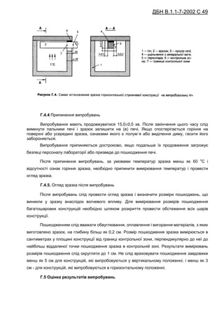 ДБН В.1.1-7-2002 С 49
Г.4.4 Припинення випробувань
Випробування мають продовжуватися 15,00,5 хв. Після закінчення цього часу слід
вимкнути пальники печі і зразок залишити на (в) печі. Якщо спостерігається горіння на
поверхні або усередині зразка, ознаками якого є полум`я або виділення диму, гасити його
забороняється.
Випробування припиняються достроково, якщо подальше їх продовження загрожує
безпеці персоналу лабораторії або призведе до пошкодження печі.
Після припинення випробувань, за умовами температур зразка менш як 60 о
С і
відсутності ознак горіння зразка, необхідно припинити вимірювання температур і провести
огляд зразка.
Г.4.5. Огляд зразка після випробувань
Після випробувань слід провести огляд зразка і визначити розміри пошкоджень, що
виникли у зразку внаслідок вогневого впливу. Для вимірювання розмірів пошкодження
багатошарових конструкцій необхідно шляхом розкриття провести обстеження всіх шарів
конструкції.
Пошкодженням слід вважати обвуглювання, оплавлення і вигорання матеріалів, з яких
виготовлено зразок, на глибину більш як 0,2 см. Розмір пошкодження зразка вимірюється в
сантиметрах у площині конструкції від границі контрольної зони, перпендикулярно до неї до
найбільш віддаленої точки пошкодження зразка в контрольній зоні. Результати вимірювань
розмірів пошкодження слід округляти до 1 см. Не слід враховувати пошкодження завдовжки
менш як 5 см для конструкцій, які випробовуються у вертикальному положенні, і менш як 3
см - для конструкцій, які випробовуються в горизонтальному положенні.
Г.5 Оцінка результатів випробувань
 