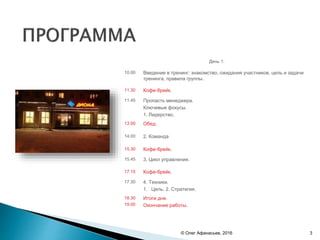 День 1.
10.00 Введение в тренинг: знакомство, ожидания участников, цель и задачи
тренинга, правила группы.
11.30 Кофе-брейк.
11.45 Пропасть менеджера.
Ключевые фокусы.
1. Лидерство.
13.00 Обед.
14.00 2. Команда
15.30 Кофе-брейк.
15.45 3. Цикл управления.
17.15 Кофе-брейк.
17.30 4. Техники.
1. Цель. 2. Стратегия.
18.30
19.00
Итоги дня.
Окончание работы.
© Олег Афанасьев, 2016 3
 