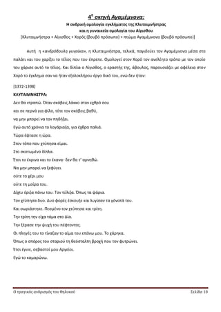 Ο τραγικός ανδρισμός του θηλυκού Σελίδα 10
4η
ςκηνή Αγαμέμνονα:
Η ανδρική ομολογία εγκλήματοσ τησ Κλυταιμνήςτρασ
και η γυναικεία ομολογία του Αίγιςθου
*Κλυταιμνιςτρα + Αίγιςκοσ + Χορόσ (βουβό πρόςωπο) + πτϊμα Αγαμζμνονα (βουβό πρόςωπο)+
Αυτι θ «ανδρόβουλθ γυναίκα», θ Κλυταιμνιςτρα, τελικά, παγιδεφει τον Αγαμζμνονα μζςα ςτο
παλάτι και του χαρίηει το τζλοσ που του ζπρεπε. Ομολογεί ςτον Χορό τον ανελζθτο τρόπο με τον οποίο
του χάριςε αυτό το τζλοσ. Και δίπλα ο Αίγιςκοσ, ο εραςτισ τθσ, άβουλοσ, παρουςιάηει με αφζλεια ςτον
Χορό το ζγκλθμα ςαν να ιταν εξολοκλιρου ζργο δικό του, ενϊ δεν ιταν:
[1372-1398]
ΚΛΤΣΑΙΜΝΗ΢ΣΡΑ:
Δεν κα ντραπϊ. Πταν ςκάβεισ λάκκο ςτον εχκρό ςου
και ςε περνά για φίλο, τότε τον ςκάβεισ βακφ,
να μθν μπορεί να τον πθδιξει.
Εγϊ αυτό χρόνια το λογάριαηα, για ζχκρα παλιά.
Τϊρα ζφταςε θ ϊρα.
Στον τόπο που χτφπθςα είμαι.
Στο ςκοτωμζνο δίπλα.
Ζτςι το ζκρινα και το ζκανα- δεν κα τ’ αρνθκϊ.
Να μθν μπορεί να ξεφφγει
οφτε το χζρι μου
οφτε τθ μοίρα του.
Δίχτυ ζριξα πάνω του. Τον τφλιξα. Ππωσ τα ψάρια.
Τον χτφπθςα δυο. Δυο φορζσ ζςκουξε και λυγίςαν τα γόνατά του.
Και ςωριάςτθκε. Ρεςμζνο τον χτφπθςα και τρίτθ.
Τθν τρίτθ τθν είχα τάμα ςτο Δία.
Τθν ξζραςε τθν ψυχι του πζφτοντασ.
Οι πλθγζσ του το τίναξαν το αίμα του επάνω μου. Το χάρθκα.
Ππωσ ο ςπόροσ του ςταριοφ τθ κεόςταλτθ βροχι που τον φυτρϊνει.
Ζτςι ζγινε, ςεβαςτοί μου Αργείοι.
Εγϊ το καμαρϊνω.
 