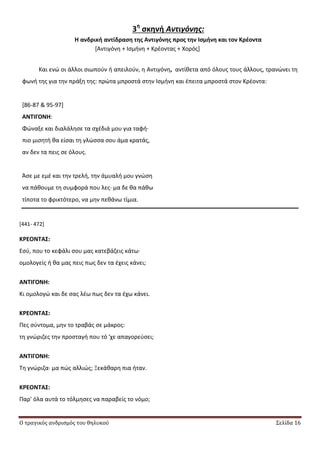 Ο τραγικός ανδρισμός του θηλυκού Σελίδα 16
3η
ςκηνή Αντιγόνης:
Η ανδρική αντίδραςη τησ Αντιγόνησ προσ την Ιςμήνη και τον Κρζοντα
*Αντιγόνθ + Λςμινθ + Κρζοντασ + Χορόσ+
Και ενϊ οι άλλοι ςιωποφν ι απειλοφν, θ Αντιγόνθ, αντίκετα από όλουσ τουσ άλλουσ, τρανϊνει τθ
φωνι τθσ για τθν πράξθ τθσ: πρϊτα μπροςτά ςτθν Λςμινθ και ζπειτα μπροςτά ςτον Κρζοντα:
[86-87 & 95-97]
ΑΝΣΙΓΟΝΗ:
Φϊναξε και διαλάλθςε τα ςχζδιά μου για ταφι∙
πιο μιςθτι κα είςαι τθ γλϊςςα ςου άμα κρατάσ,
αν δεν τα πεισ ςε όλουσ.
Άςε με εμζ και τθν τρελι, τθν άμυαλι μου γνϊςθ
να πάκουμε τθ ςυμφορά που λεσ∙ μα δε κα πάκω
τίποτα το φρικτότερο, να μθν πεκάνω τίμια.
[441- 472]
ΚΡΕΟΝΣΑ΢:
Εςφ, που το κεφάλι ςου μασ κατεβάηεισ κάτω∙
ομολογείσ ι κα μασ πεισ πωσ δεν τα ζχεισ κάνει;
ΑΝΣΙΓΟΝΗ:
Κι ομολογϊ και δε ςασ λζω πωσ δεν τα ζχω κάνει.
ΚΡΕΟΝΣΑ΢:
Ρεσ ςφντομα, μθν το τραβάσ ςε μάκροσ:
τθ γνϊριηεσ τθν προςταγι που τό 'χε απαγορεφςει;
ΑΝΣΙΓΟΝΗ:
Τθ γνϊριηα∙ μα πϊσ αλλιϊσ; Ξεκάκαρθ πια ιταν.
ΚΡΕΟΝΣΑ΢:
Ραρ' όλα αυτά το τόλμθςεσ να παραβείσ το νόμο;
 
