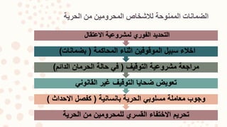 ‫الحرية‬ ‫من‬ ‫المحرومين‬ ‫لالشخاص‬ ‫الممنوحة‬ ‫الضمانات‬
‫الحرية‬ ‫من‬ ‫للمحرومين‬ ‫القسري‬ ‫االختفاء‬ ‫تحريم‬
‫بانسانية‬ ‫الحرية‬ ‫مسلوبي‬ ‫معاملة‬ ‫وجوب‬(‫االحداث‬ ‫كفصل‬)
‫القانوني‬ ‫غير‬ ‫التوقيف‬ ‫ضحايا‬ ‫تعويض‬
‫التوقيف‬ ‫مشروعية‬ ‫مراجعة‬(‫الدائم‬ ‫الحرمان‬ ‫حالة‬ ‫في‬)
‫المحاكمة‬ ‫اثناء‬ ‫الموقوفين‬ ‫سبيل‬ ‫اخالء‬(‫بضمانات‬)
‫االعتقال‬ ‫لمشروعية‬ ‫الفوري‬ ‫التحديد‬
 
