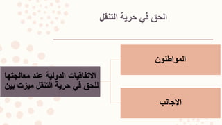 ‫التنقل‬ ‫حرية‬ ‫في‬ ‫الحق‬
‫االتفاقيات‬‫الدولية‬‫معالجتها‬ ‫عند‬
‫بين‬ ‫ميزت‬ ‫التنقل‬ ‫حرية‬ ‫في‬ ‫للحق‬
‫المواطنون‬
‫االجانب‬
 