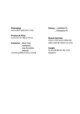 Packaging
NoBrand만의 일관된 패키지 디자인
Product&Price
NoBrand와 타사 제품 및 가격 비교
Customer_BlindTest
_Instagram
_UseCondition
_Attitude
다각도에서 분석해본 NoBrand소비자들
Versus_LotteMartPL
_HomeplusPL
BrandInterview
브랜드의 가치와 앞으로의 방향에 대해
정용진 신세계그룹 부회장과 나눈 인터뷰
Insight
NoBrand를 통해 얻은 핵심 가치와NoBrand를 통해 얻은 핵심 가치와
발전방향 제
 