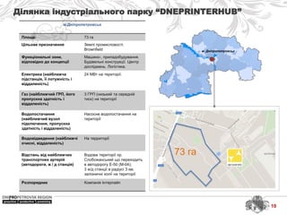 м. Дніпропетровськ
Ділянка індустріального парку “DNEPRINTERHUB”
м.Дніпропетровськ
Площа: 73 га
Цільове призначення Землі промисловості.
Brownfield
Функціональні зони,
відповідно до концепції
Машино-, приладобудування.
Будівельні конструкції. Центр
досліджень. Логістика.
Електрика (найближча
підстанція, її потужність і
віддаленість)
24 МВт на території.
Газ (найближчий ГРП, його
пропускна здатність і
віддаленість)
3 ГРП (низький та середній
тиск) на території
Водопостачання
(найближчий вузол
підключення, пропускна
здатність і віддаленість)
Насосне водопостачання на
території
Водовідведення (найближчі
очисні, віддаленість)
На территорії
Відстань від найближчих
транспортних артерій
(автодороги, ж / д станція)
Вздовж території пр.
Слобожанський що переходить
в автодорогу Е-50 (М-04);
3 ж/д станції в радіусі 3 км,
залізничні колії на території
Розпорядник Компанія Інтерпайп
73 га
10
 