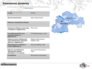 м. Дніпропетровськ
м.Вільногірськ
Земельна ділянка
м. Вільногірськ
Площа: 22,32 га
Цільове призначення Землі промисловості
Наявність комунікацій на ділянці
Електрика (найближча підстанція,
її потужність і віддаленість)
РП2; 120 м.
Газ (найближчий ГРП, його
пропускна здатність і
віддаленість)
ГРП 2500 м3/годину; 120 м.
Водопостачання (найближчий
вузол підключення, пропускна
здатність і віддаленість)
Мережа м.Вільногірськ,
ø200мм; 100м
Водовідведення (найближчі
очисні, віддаленість)
Колектор ø600мм; 150м
Відстань від найближчих
транспортних артерій
(автодороги, ж / д станція)
ж/д станція “Вільногірськ” ;
700 м
Розпорядник Вільногірська міська рада
15
 