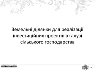 Земельні ділянки для реалізації
інвестиційних проектів в галузі
сільського господарства
18
 
