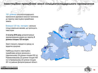 Інвестиційно-привабливі землі сільськогосподарського призначення
181 ділянка сільськогосподарського
призначення державної власності включена
до переліку інвестиційно-привабливих
земель
Близько 3,8 тис. гектарів - загальна
площа земельних масивів, що пропонують
інвесторам
З початку 2016 року дніпропетровські
землевпорядники додали до переліку 9
ділянок площею 130 гектарів
Землі планують передати в оренду на
відкритих аукціонах
Найбільшу кількість інвестиційно-
привабливих ділянок визначили у
Царичанському (24 ділянки площею 632 га),
Новомосковському (23 ділянки площею 400
га) та Криворізькому (22 ділянки площею
261 га) районах Дніпропетровської області.
м. Дніпропетровськ
Новомосковський
район
Царичанський
район
Криворізький
район
19
 