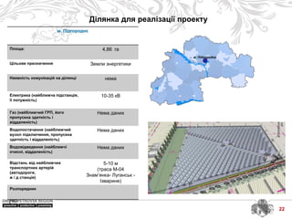 м. Підгороднє
м. Підгороднє
Площа: 4,86 га
Цільове призначення Земли энергетики
Наявність комунікацій на ділянці нема
Електрика (найближча підстанція,
її потужність)
10-35 кВ
Газ (найближчий ГРП, його
пропускна здатність і
віддаленість)
Нема даних
Водопостачання (найближчий
вузол підключення, пропускна
здатність і віддаленість)
Нема даних
Водовідведення (найближчі
очисні, віддаленість)
Нема даних
Відстань від найближчих
транспортних артерій
(автодороги,
ж / д станція)
5-10 м
(траса М-04
Знам’янка- Луганськ -
Ізварине)
Розпорядник
Ділянка для реалізації проекту
22
 