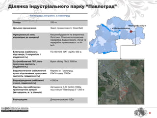 м. Дніпропетровськ
Павлоградський р-н
Ділянка індустріального парку “Павлоград”
Павлоградський район, м.Павлоград
Площа: 250 га
Цільове призначення Землі промисловості, Greenfield
Функціональні зони,
відповідно до концепції
Машинобудування та енергетика.
Логістика. Сільськогосподарська
переробка. Будматеріали. Легка та
переробна промисловість та hi-
tech
Електрика (найближча
підстанція, її потужність і
віддаленість)
ПС150/10/6 ПАТ «ЦЭК» 500 м.
Газ (найближчий ГРП, його
пропускна здатність і
віддаленість)
Вузол обліку ПМЗ, 1000 м.
Водопостачання (найближчий
вузол підключення, пропускна
здатність і віддаленість)
Мережа м. Павлоград,
63м3/годину; 2000м
Водовідведення (найближчі
очисні, віддаленість)
4 000 м
Відстань від найближчих
транспортних артерій
(автодороги, ж / д станція)
Автодорога Е-50 (М-04) 1000м
ж/д станція “Павлоград-2” 1200 м
Розпорядник Дніпропетровська ОДА
8
 