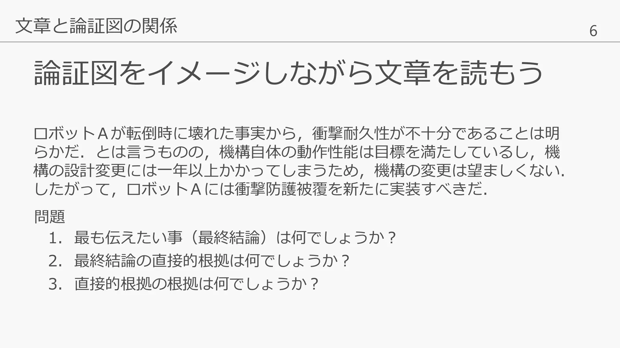 6
論証図をイメージしながら文章を読もう
文章と論証図の関係
1. 最も伝えたい事（最終結論）は何でしょうか？
2. 最終結論の直接的根拠は何でしょうか？
3. 直接的根拠の根拠は何でしょうか？
ロボットＡが転倒時に壊れた事実から，衝撃耐久性が不十分であることは明
らかだ．とは言うものの，機構自体の動作性能は目標を満たしているし，機
構の設計変更には一年以上かかってしまうため，機構の変更は望ましくない．
したがって，ロボットＡには衝撃防護被覆を新たに実装すべきだ．
問題
 