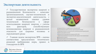 Экспертная деятельность
 Государственная экспертиза ядерной и
радиационной безопасности – комплекс
организационной, научно-технической и
экспертно-аналитической деятельности, с
целью независимой оценки уровня
технической безопасности в сфере
использования ядерной энергии, с учетом
всех факторов, способствующих
возникновению ядерной и радиационной
опасности для здоровья человека и
окружающей среды
 Главная задача экспертизы ЯРБ – оценка
соответствия предлагаемых технических
решений требованиям норм, правил и
стандартов по ЯРБ
 