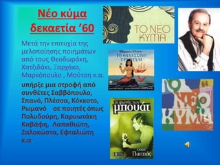 Νέο κύμα
δεκαετία ’60
Μετά την επιτυχία της
μελοποίησης ποιημάτων
από τους Θεοδωράκη,
Χατζιδάκι, Ξαρχάκο,
Μαρκόπουλο , Μούτση κ.α.
υπήρξε μια στροφή από
συνθέτες Σαββόπουλο,
Σπανό, Πλέσσα, Κόκκοτο,
Ρωμανό σε ποιητές όπως
Πολυδούρη, Καρυωτάκη
Καβάφη, Λαπαθιώτη,
Ζαλοκώστα, Εφταλιώτη
κ.α.
 