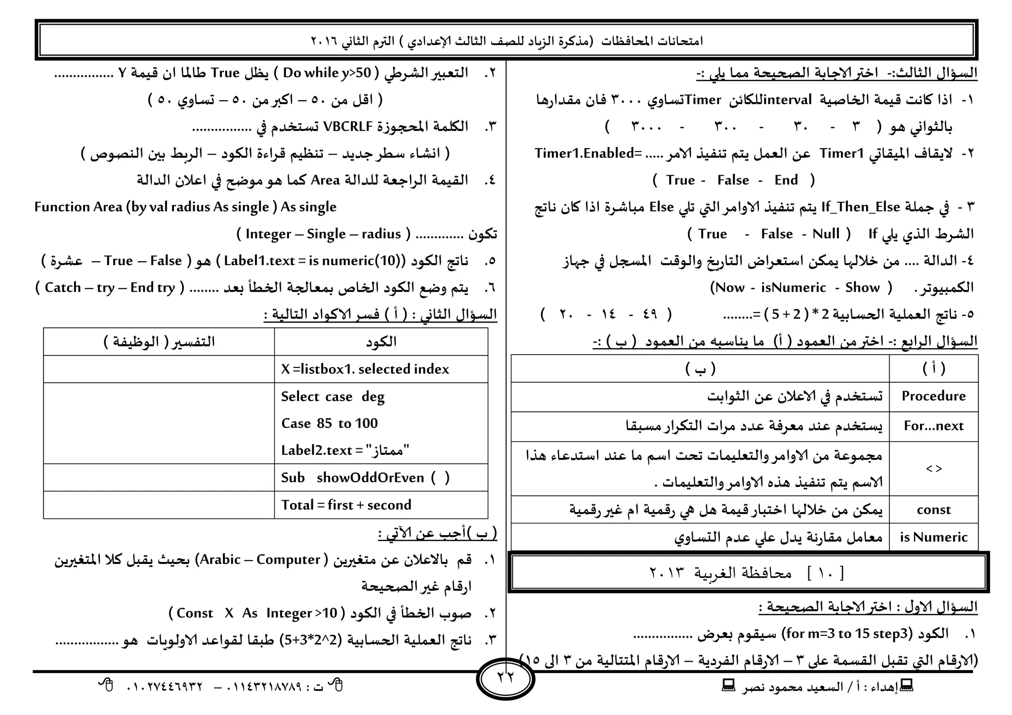 ‫هصش‬ ‫مدمىد‬ ‫الععُذ‬ / ‫أ‬ : ‫ئهذاء‬: ‫ث‬93381231110–93921882012
‫الثاوي‬ ‫الترم‬ ) ‫ؤلاعذادي‬ ‫الثالث‬ ‫للصف‬ ‫الضٍاد‬ ‫(مزهشة‬ ‫اإلاداؿظاث‬ ‫امخداهاث‬2932
22
:‫الثالث‬ ٌ‫العإا‬-: ‫ًلي‬ ‫مما‬ ‫الصحُدت‬ ‫الاحابت‬‫اختر‬-
3-‫الخاصُت‬ ‫كُمت‬ ‫واهذ‬ ‫ارا‬intervalً‫للياة‬Timer‫ي‬‫حعاو‬1999‫ها‬‫س‬‫ملذا‬ ‫ؿان‬
( ‫هى‬ ‫بالثىاوي‬1-19-199-1999)
2-‫اإلاُلاحي‬ ‫الًلاؾ‬Timer1‫الامش‬ ‫جىـُز‬ ‫ًخم‬ ‫العمل‬ ً‫ع‬..…Timer1.Enabled=
(True - False - End)
1-‫حملت‬ ‫في‬If_Then_Else‫جلي‬ ‫التي‬‫الاوامش‬ ‫جىـُز‬ ‫ًخم‬Else‫هاجج‬ ‫وان‬ ‫ارا‬ ‫مباؼشة‬
‫ًلي‬ ‫الزي‬ ‫الؽشغ‬If(True - False - Null)
8-‫حهاص‬ ‫في‬ ‫اإلاسجل‬ ‫والىكذ‬ ‫ٍخ‬‫س‬‫الخا‬ ‫اض‬‫ش‬‫اظخع‬ ً‫ًمى‬ ‫خاللها‬ ً‫م‬ .... ‫الذالت‬
( .‫الىمبُىجش‬Now - isNumeric - Show)
5-‫الحعابُت‬ ‫العملُت‬ ‫هاجج‬( 5 +2 ) * 2( ........=80-38-29)
: ‫ابع‬‫ش‬‫ال‬ ٌ‫العإا‬-‫ما‬ )‫أ‬ ( ‫العمىد‬ ً‫م‬‫اختر‬: ) ‫ب‬ ( ‫العمىد‬ ً‫م‬ ‫ًىاظبه‬-
) ‫أ‬ () ‫ب‬ (
Procedure‫الثىابذ‬ ً‫ع‬ ‫الاعالن‬ ‫في‬ ‫حعخخذم‬
For…next‫معبلا‬‫اس‬‫ش‬‫الخى‬ ‫اث‬‫ش‬‫م‬ ‫عذد‬ ‫معشؿت‬ ‫عىذ‬ ‫ٌعخخذم‬
> <
‫هزا‬ ‫اظخذعاء‬ ‫عىذ‬ ‫ما‬ ‫اظم‬ ‫جدذ‬ ‫والخعلُماث‬‫الاوامش‬ ً‫م‬ ‫مجمىعت‬
. ‫والخعلُماث‬‫الاوامش‬ ‫هزه‬ ‫جىـُز‬ ‫ًخم‬ ‫الاظم‬
const‫خالل‬ ً‫م‬ ً‫ًمى‬‫كمُت‬‫س‬‫ػير‬ ‫ام‬ ‫كمُت‬‫س‬ ‫هي‬ ‫هل‬ ‫كُمت‬‫اخخباس‬ ‫ها‬
isNumeric‫ي‬‫الدعاو‬ ‫عذم‬ ‫علي‬ ٌ‫ًذ‬ ‫هت‬‫س‬‫ملا‬ ‫معامل‬
[11‫الغربية‬ ‫محافظة‬ ]3112
: ‫الصحُدت‬ ‫الاحابت‬‫اختر‬ : ٌ‫الاو‬ ٌ‫العإا‬
3.‫الىىد‬(for m=3 to15 step3)................ ‫بعشض‬ ‫ظُلىم‬
‫على‬ ‫اللعمت‬ ‫جلبل‬ ‫التي‬ ‫كام‬‫س‬‫(الا‬1–‫ا‬ ‫كام‬‫س‬‫الا‬‫لـشدًت‬–ً‫م‬ ‫اإلاخخالُت‬ ‫كام‬‫س‬‫الا‬1‫الى‬35)
2.‫الؽشػي‬‫الخعبير‬Do while y>50 )‫ًظل‬ )True‫كُمت‬ ‫ان‬ ‫ػاإلاا‬Y................
ً‫م‬ ‫اكل‬ (59–ً‫م‬‫اهبر‬59–‫ي‬‫حعاو‬59)
1.‫اإلاحجىصة‬ ‫اليلمت‬VBCRLF................ ‫في‬ ‫حعخخذم‬
‫حذًذ‬‫ظؼش‬ ‫اوؽاء‬ (–‫الىىد‬ ‫اءة‬‫ش‬‫ك‬ ‫جىظُم‬–‫الىص‬ ‫بين‬ ‫الشبؽ‬) ‫ىص‬
8.‫للذالت‬ ‫احعت‬‫ش‬‫ال‬ ‫اللُمت‬Area‫الذالت‬ ‫اعالن‬ ‫في‬ ‫مىضح‬‫هى‬ ‫هما‬
Function Area (byval radius As single ) As single
‫ن‬‫جىى‬.............(Integer –Single –radius)
5.‫الىىد‬ ‫هاجج‬( Label1.text =is numeric(10))(‫هى‬False–True–) ‫عؽشة‬
2.‫بمع‬ ‫الخاص‬ ‫الىىد‬ ‫وطع‬ ‫ًخم‬( ........ ‫بعذ‬ ‫الخؼأ‬ ‫الجت‬Catch –try –End try)
: ‫الخالُت‬ ‫الاهىاد‬‫ؿعش‬ ) ‫أ‬ ( : ‫الثاوي‬ ٌ‫العإا‬
‫الىىد‬) ‫الىظُـت‬ (‫الخـعير‬
X =listbox1. selected index
Select case deg
Case 85 to 100
Label2.text ="‫"ممخاص‬
Sub showOddOrEven ( )
Total =first + second
: ‫آلاحي‬ ً‫ع‬ ‫)أحب‬ ‫ب‬ (
3.ًً‫مخؼير‬ ً‫ع‬ ‫باالعالن‬ ‫كم‬(Arabic –Computer )ًً‫اإلاخؼير‬ ‫هال‬ ‫ًلبل‬ ‫بدُث‬
‫الصحُدت‬‫ػير‬ ‫كام‬‫س‬‫ا‬
2.‫الىىد‬ ‫في‬ ‫الخؼأ‬ ‫صىب‬( Const X As Integer >10 )
1.‫الحعابُت‬ ‫العملُت‬ ‫هاجج‬(5+3*2^2).................‫هى‬ ‫الاولىٍاث‬ ‫للىاعذ‬ ‫ػبلا‬
 