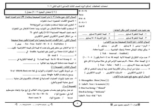 ‫هصش‬ ‫مدمىد‬ ‫الععُذ‬ / ‫أ‬ : ‫ئهذاء‬: ‫ث‬93381231110–93921882012
‫الثاوي‬ ‫الترم‬ ) ‫ؤلاعذادي‬ ‫الثالث‬ ‫للصف‬ ‫الضٍاد‬ ‫(مزهشة‬ ‫اإلاداؿظاث‬ ‫امخداهاث‬2932
7
B =A + N
Next
IfN > A
A= A + 1
End If
: ‫الىلاغ‬ ‫ميان‬ ‫اهمل‬ ‫العملُاث‬ ‫هزه‬ ‫جىـُز‬ ‫بعذ‬
3-‫اإلاخؼير‬ ‫كُمت‬A........... ‫ي‬‫حعاو‬2-‫ك‬‫اإلاخؼير‬ ‫ُمت‬N......... ‫ي‬‫حعاو‬
1-‫اإلاخؼير‬ ‫كُمت‬B........... ‫ي‬‫حعاو‬8-‫الؽشغ‬ ‫هاجج‬N > A‫ي‬‫ٌعاو‬……….
‫الثالث‬ ٌ‫العإا‬:: ‫الاكىاط‬ ‫بين‬ ‫مما‬ ‫الصحُدت‬ ‫الاحابت‬‫اختر‬
3-‫ٌعمى‬ > <‫الشمض‬‫ي‬‫ٌعاو‬ ‫ال‬ (-ً‫م‬‫اهبر‬-) ‫ي‬‫ٌعاو‬
2-‫ئًلاؾ‬ ً‫ًمى‬‫اإلاُلاحى‬Timer‫اللُمت‬ ........... ‫الخاصُت‬ ‫باعؼاء‬False.
(Tick - Interval - Enabled)
1-‫الاجُت‬ ‫الجملت‬ ‫فى‬‫الخىشاس‬ ‫مشاث‬ ‫عذد‬For I = 2 to 10 step2( ‫ن‬‫ًىى‬5-2-39)
8-‫الجملت‬ ‫فى‬If.. Then ..Else‫جلى‬ ‫التى‬‫الاوامش‬ ‫جىـُز‬ ‫ًخم‬Else‫هاجج‬ ‫وان‬ ‫ئرا‬ ‫مباؼشة‬
‫حملت‬ ‫بعذ‬ ‫الؽشغ‬If( ......... ‫ي‬‫ٌعاو‬True - False - Null)
5-.‫اهثر‬‫او‬ ‫لصخص‬ ‫وعُذ‬‫او‬ ‫تهُه‬ ‫جدمل‬ ‫ئلىتروهُت‬ ‫سظاةل‬ ٌ‫ئسظا‬ ً‫ع‬ ‫عباسة‬ .............
‫الالىترووى‬‫الدؽهير‬ (-‫الالىترووى‬ ‫الاظخثىاء‬-) ‫الالىترووى‬ ‫التهذًذ‬
‫الع‬‫الشابع‬ ٌ‫إا‬:‫الاهىاد‬ ‫هزه‬ ‫جىـُز‬ ‫هاجج‬ ‫وضح‬:
1- MessageBox .Show ( Now ( ) )
2- Label1. Text = Is numeric ( 5 )
3- Dim A asString = "Ahmed"
Dim B as String = "Welcome"
Label1 . Text = B & ” “ &A
[0]‫البديرة‬ ‫امخدان‬2932) ٌ‫معذ‬ (
ٌ‫الاو‬ ٌ‫العإا‬:( ‫عالمت‬ ‫طع‬( ‫وعالمت‬ ‫الصحُدت‬ ‫العباسة‬ ‫أمام‬ )‫الخؼأ‬ ‫العباسة‬ ‫أمام‬ )
3-‫إلاخؼيراث‬ ‫اظماء‬ ‫اإلاحجىصة‬ ‫اليلماث‬ ‫الجصلح‬
2-‫الىىع‬ ً‫م‬ ‫مخؼيراث‬ ‫وعخخذم‬ ‫خشؿُت‬ ‫كُم‬ ًٍ‫لخخض‬String
1-‫ال‬ ‫حعخخذم‬‫يلم‬‫ت‬Dim‫بِىما‬ ‫الثىابذ‬ ً‫ع‬ ‫لالعالن‬Const‫اإلاخؼيراث‬ ً‫ع‬ ‫لالعالن‬
8-‫الحعابُت‬ ‫الصُؼت‬ ‫جىـُز‬ ‫بعذ‬3(^2+3‫الىاجج‬ ‫ن‬‫ًىى‬ )75
5-‫الالىترووى‬ ‫الخخـى‬ ‫الالىترووى‬ ‫الخعذي‬ ٌ‫اؼيا‬ ً‫م‬
‫الثاوي‬ ٌ‫العإا‬:‫صحُدت‬ ‫حملت‬ ‫ن‬‫لخىى‬ ‫العباسة‬ ‫امام‬ ‫وطعها‬ ‫اإلاىاظبت‬ ‫اليلماث‬‫اختر‬
- For - True - End if -10 - 4 -2 - EndSelect )) ‫صـش‬
3-........‫ن‬‫جىى‬ ‫الاؿتراطُت‬ ‫كُمخه‬ ‫ؿأن‬ ‫كُمت‬ ‫له‬ ‫هدذد‬ ‫ولم‬ ‫سكمي‬‫مخؼير‬ ً‫ع‬ ‫الاعالن‬ ‫جم‬ ‫ئرا‬
2-‫الاداة‬ ‫لخمىين‬Timerُ ‫الخاصُت‬‫وؼير‬ ‫العمل‬ ً‫م‬Enable................ ‫الي‬
1-= ......................mod 329
8-for X= 10 to 1 6step -2‫كُم‬‫ت‬‫ال‬‫عذ‬‫ا‬‫د‬X............... ‫هي‬ ‫الخىشاسٍت‬ ‫الحللت‬ ‫في‬
5-‫الجملت‬Select case.‫ـ‬‫ـ‬‫ب‬ ‫اػالكها‬ ‫ًخم‬ ‫الؽشػُت‬.........................
‫الثالث‬ ٌ‫العإا‬:) ‫أ‬ ( ‫اإلاجمىعت‬
3-‫لؼت‬ ‫في‬ ‫الثىابذ‬‫و‬ ‫اإلاخؼيراث‬ ‫اظماء‬ ًٍ‫جىى‬ ‫ؼشوغ‬ ً‫م‬VISUAL Basic.net‫ال‬ ‫اهه‬
‫باظخخذام‬ ‫ٌعمذ‬‫اليلمت‬Single‫بعبب‬................................
2-.............. ‫عملُت‬ ‫ؿان‬‫بالىمبُىجش‬ ‫اإلاعادالث‬ ‫في‬ ‫الحعابُت‬ ‫العملُاث‬ ‫اولىٍاث‬ ‫جىـُز‬ ‫عىذ‬
. ‫والؼشح‬ ‫الجمع‬ ‫عملُت‬ ‫حعبم‬
) ‫ب‬ ( ‫اإلاجمىعت‬:
‫ال‬ ‫دسحاث‬ ‫مجمىع‬ ‫بدعاب‬ ‫ًلىم‬ ‫بشهامج‬ ‫عمل‬ ‫جم‬‫مخىظؼهم‬ ‫واًجاد‬ ‫مىاد‬ ‫اسبع‬ ‫في‬ ‫ؼالب‬
‫اإلاىا‬ ‫مجمىع‬ : ‫ًلي‬ ‫هما‬‫د‬Sum = Ar + En + M + Sc
‫اإلاىاد‬ ‫مجمىع‬ / ‫عذدها‬Aver= sum / 4
 