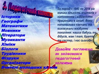 Історики
Географи
Математики
Мовники
Літератори
Музиканти
Хіміки
Біологи
Трудівники
Фізруки
Організатори
Вчителі молодших класів
За період з 1940 по 2014 рік
велика кількість вчителів з
натхненням і відданістю
працювали в школі. Вони
наполегливо навчали та
виховували майбутнє
покоління: наших бабусь та
дідусів, мам і тат, братів
та сестер, і нас сьогодні.
Давайт е поглянемо
як змінювався
педагогічний
колект ив
 