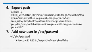 24
6. Export path
declare -x
ICECC_VERSION="/dev/shm/toolchain/i386.tar.gz,/dev/shm/too
lchain/arm-mv5sft-linux-gnueabi.tar.gz=arm-mv5sft-
linux,/dev/shm/toolchain/arm-linux.tar.gz=arm-linux-
gcc,/dev/shm/toolchain/arm-linux-gnueabihf.tar.gz=arm-linux-
gnueabihf"
7. Add new user in /etc/passwd
vi /etc/passwd
 icecc:x:113:121::/var/cache/icecc:/bin/false
 