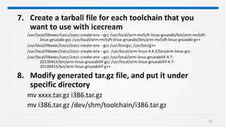 25
7. Create a tarball file for each toolchain that you
want to use with icecream
/usr/local/libexec/icecc/icecc-create-env --gcc /usr/local/arm-mv5sft-linux-gnueabi/bin/arm-mv5sft-
linux-gnueabi-gcc /usr/local/arm-mv5sft-linux-gnueabi/bin/arm-mv5sft-linux-gnueabi-g++
/usr/local/libexec/icecc/icecc-create-env --gcc /usr/bin/gcc /usr/bin/g++
/usr/local/libexec/icecc/icecc-create-env --gcc /usr/local/arm-linux-4.4.2/bin/arm-linux-gcc
/usr/local/libexec/icecc/icecc-create-env --gcc /usr/local/arm-linux-gnueabihf-4.7-
20130415/bin/arm-linux-gnueabihf-gcc /usr/local/arm-linux-gnueabihf-4.7-
20130415/bin/arm-linux-gnueabihf-g++
8. Modify generated tar.gz file, and put it under
specific directory
mv xxxx.tar.gz i386.tar.gz
mv i386.tar.gz /dev/shm/toolchain/i386.tar.gz
 
