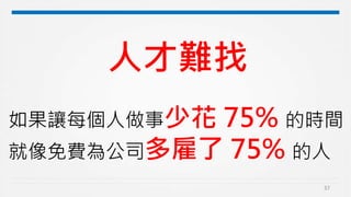 37
人才難找
如果讓每個人做事少花 75% 的時間
就像免費為公司多雇了 75% 的人
 