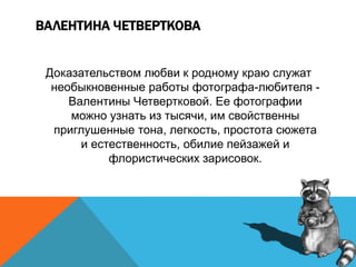 ВАЛЕНТИНА ЧЕТВЕРТКОВА
Доказательством любви к родному краю служат
необыкновенные работы фотографа-любителя -
Валентины Четвертковой. Ее фотографии
можно узнать из тысячи, им свойственны
приглушенные тона, легкость, простота сюжета
и естественность, обилие пейзажей и
флористических зарисовок.
 