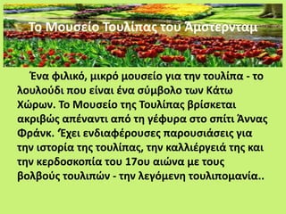 Το Μουσείο Τουλίπας του Άμστερνταμ
Ένα φιλικό, μικρό μουσείο για την τουλίπα - το
λουλούδι που είναι ένα σύμβολο των Κάτω
Χώρων. Το Μουσείο της Τουλίπας βρίσκεται
ακριβώς απέναντι από τη γέφυρα στο σπίτι Άννας
Φράνκ. ‘Έχει ενδιαφέρουσες παρουσιάσεις για
την ιστορία της τουλίπας, την καλλιέργειά της και
την κερδοσκοπία του 17ου αιώνα με τους
βολβούς τουλιπών - την λεγόμενη τουλιπομανία..
 