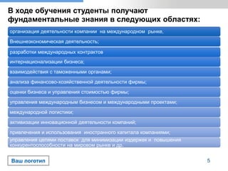 Ваш логотип
В ходе обучения студенты получают
фундаментальные знания в следующих областях:
организация деятельности компании на международном рынке,
Внешнеэкономическая деятельность;
разработки международных контрактов
интернационализации бизнеса;
взаимодействия с таможенными органами;
анализа финансово-хозяйственной деятельности фирмы;
оценки бизнеса и управления стоимостью фирмы;
управления международным бизнесом и международными проектами;
международной логистики;
активизации инновационной деятельности компаний;
привлечения и использования иностранного капитала компаниями;
управления цепями поставок для минимизации издержек и повышения
конкурентоспособности на мировом рынке и др.
5
 