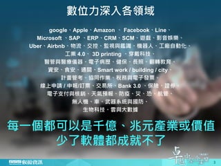 每一個都可以是千億、兆元產業或價值
少了軟體都成就不了
數位力深入各領域
google、Apple、Amazon 、 Facebook、Line、
Microsoft 、SAP 、ERP、CRM、SCM、遊戲、影音娛樂、
Uber、Airbnb、物流、交控、監視與鑑識、機器人、工廠自動化、
工業 4.0、 3D printing 、穿戴科技、
醫管與醫療儀器、電子病歷、健保、長照、翻轉教育、
資安、食安、通關、Smart work / building / city、
計畫管考、協同作業、稅務與電子發票、
線上申請 / 申報/訂票、交易所、Bank 3.0 、保險、證券、
電子支付與核銷、天氣預報、防疫、災、恐、航管、
無人機、車、武器系統與國防、
生物科技、雲與大數據
3
 