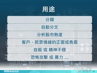 36
分類
自動分文
分析股市熱度
客戶、民眾情緒的正面或負面
自殺 或 精神不穩
恐怖攻擊 或 暴力 …
 