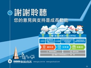 謝謝聆聽
您的意見與支持是成長動能
www.gss.com.tw www.gsscloud.com
網絡–文件與活動之人、事、物
資料流
協同互動關係與連結
文件流 活動流
人資管理 公文管理
徵授信管理
會議與活動管理
多專科會診管理系統
知識管理與協同作業平台
各類評鑑應用
SOP作業
客戶關係管
理
整合型知識工作者工作平台
Cloud Store
愛報告 愛顧客
人資
表單文件
客戶關係 公文管理 企業文件與
知識社群
會議與活動
管理
會計
50
 