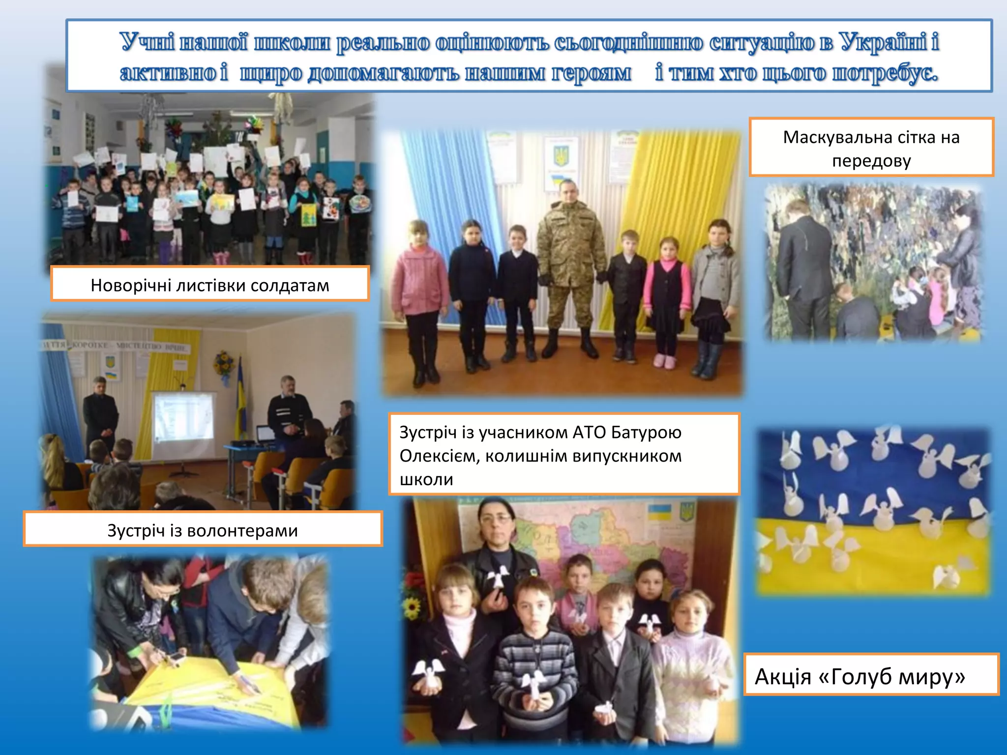 .
Новорічні листівки солдатам
Зустріч із волонтерами
Маскувальна сітка на
передову
Зустріч із учасником АТО Батурою
Олексієм, колишнім випускником
школи
Акція «Голуб миру»
 