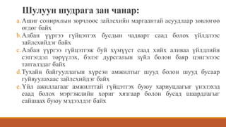 Шулуун шудрага зан чанар:
a.Ашиг сонирхлын зөрчлөөс зайлсхийн маргаантай асуудлаар зөвлөгөө
өгдөг байх
b.Албан үүргээ гүйцэтгэх бусдын чадварт саад болох үйлдлээс
зайлсхийдэг байх
c.Албан үүргээ гүйцэтгэж буй хүмүүст саад хийх аливаа үйлдлийн
сэтгэгдэл төрүүлэх, бэлэг дурсгалын зүйл болон баяр цэнгэлээс
татгалздаг байх
d.Тухайн байгууллагын хүрсэн амжилтыг шууд болон шууд бусаар
гуйвуулахаас зайлсхийдэг байх
e.Үйл ажиллагааг амжилттай гүйцэтгэх буюу хариуцлагыг үнэлэхэд
саад болох мэргэжлийн хориг хязгаар болон бусад шаардлагыг
сайшаах буюу мэдээлдэг байх
 