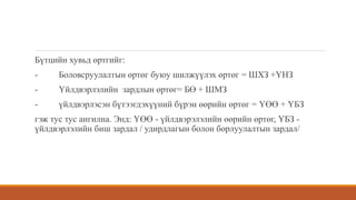 Бүтцийн хувьд өртгийг:
- Боловсруулалтын өртөг буюу шилжүүлэх өртөг = ШХЗ +ҮНЗ
- Үйлдвэрлэлийн зардлын өртөг= БӨ + ШМЗ
- үйлдвэрлэсэн бүтээгдэхүүний бүрэн өөрийн өртөг = ҮӨӨ + ҮБЗ
гэж тус тус ангилна. Энд: ҮӨӨ - үйлдвэрэлэлийн өөрийн өртөг, ҮБЗ -
үйлдвэрлэлийн биш зардал / удирдлагын болон борлуулалтын зардал/
 