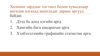 Холимог зардлыг тогтмол болон хувьсахаар
ангилан ялгахад ашигладаг дараах аргууд
байдаг.
1. Дээд ба доод цэгийн арга
2. Хамгийн бага квадратын арга
3. Хэлбэлзлэлийн графикийн статистик арга
 
