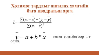 Холимог зардлыг ангилах хамгийн
бага квадратын арга
гэсэн томъёогоор а-г
олно.
2
)(
)()(
xx
yyxx
b
i
ii




 xbaу *
 