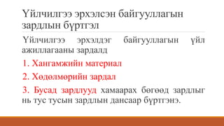 Үйлчилгээ эрхэлсэн байгууллагын
зардлын бүртгэл
Үйлчилгээ эрхэлдэг байгууллагын үйл
ажиллагааны зардалд
1. Хангамжийн материал
2. Хөдөлмөрийн зардал
3. Бусад зардлууд хамаарах бөгөөд зардлыг
нь тус тусын зардлын дансаар бүртгэнэ.
 