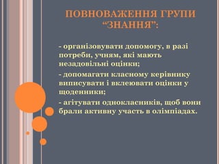 ПОВНОВАЖЕННЯ ГРУПИ
“ЗНАННЯ”:
- організовувати допомогу, в разі
потреби, учням, які мають
незадовільні оцінки;
- допомагати класному керівнику
виписувати і вклеювати оцінки у
щоденники;
- агітувати однокласників, щоб вони
брали активну участь в олімпіадах.
 
