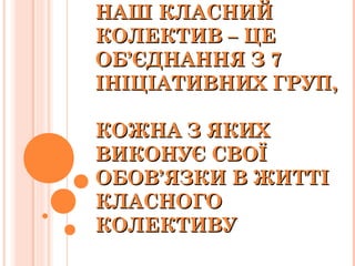 НАШ КЛАСНИЙНАШ КЛАСНИЙ
КОЛЕКТИВ – ЦЕКОЛЕКТИВ – ЦЕ
ОБ’ЄДНАННЯ З 7ОБ’ЄДНАННЯ З 7
ІНІЦІАТИВНИХ ГРУП,ІНІЦІАТИВНИХ ГРУП,
КОЖНА З ЯКИХКОЖНА З ЯКИХ
ВИКОНУЄ СВОЇВИКОНУЄ СВОЇ
ОБОВ’ЯЗКИ В ЖИТТІОБОВ’ЯЗКИ В ЖИТТІ
КЛАСНОГОКЛАСНОГО
КОЛЕКТИВУКОЛЕКТИВУ
 