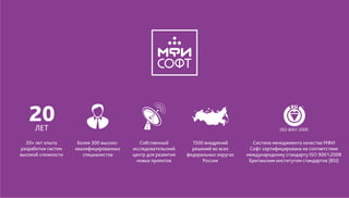 20+ лет опыта
разработки систем
высокой сложности
Собственный
исследовательский
центр для развития
новых проектов
1500 внедрений
решений во всех
федеральных округах
России
Система менеджмента качества МФИ
Софт сертифицирована на соответствие
международному стандарту ISO 9001:2008
Британским институтом стандартов (BSI)
Более 300 высоко-
квалифицированных
специалистов
 