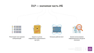 Внедрение DLP
в компаниях с распределенной
сетью филиалов
2
17
DLP — значимая часть ИБ
Мониторинг всех каналов
коммуникаций
Защита от утечек
информации ограниченного
доступа
Контроль рабочих мест Анализ использования
информационных ресурсов
компании
 