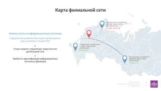 Внедрение DLP
в компаниях с распределенной
сетью филиалов
6
17
Определение уязвимостей и поиск путей решения
для успешной установки DLP
Анализ сети и информационных потоков

Только защиты «периметра» недостаточно
для большой сети

Требуется идентификация информационных
потоков из филиалов
Пропускная способность
низкая, канал связи
нестабильный
Потери пакетов
Пропускная способность
низкая, канал связи
стабильный
Потерь нет
Пропускная способность
высокая, канал связи
стабильный
Потерь нет
Карта филиальной сети
 