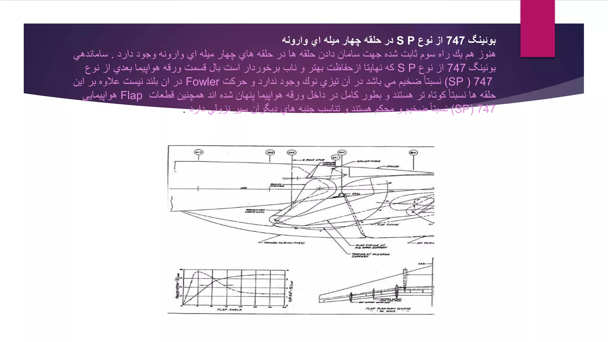 ‫بوئينگ‬747‫نوع‬ ‫از‬S P‫وارونه‬ ‫اي‬ ‫ميله‬ ‫چهار‬ ‫حلقه‬ ‫در‬
‫دارد‬ ‫وجود‬ ‫وارونه‬ ‫اي‬ ‫میله‬ ‫چهار‬ ‫هاي‬ ‫حلقه‬ ‫در‬ ‫ها‬ ‫حلقه‬ ‫دادن‬ ‫سامان‬ ‫جهت‬ ‫شده‬ ‫ثابت‬ ‫سوم‬ ‫راه‬ ‫یك‬ ‫هم‬ ‫هنوز‬.‫ساماندهي‬
‫بوئینگ‬747‫نوع‬ ‫از‬S P‫نوع‬ ‫از‬ ‫بعدي‬ ‫هواپیما‬ ‫ورقه‬ ‫قسمت‬ ‫بال‬ ‫است‬ ‫برخوردار‬ ‫ناب‬ ‫و‬ ‫بهتر‬ ‫ازحفاظت‬ ‫نهایتا‬ ‫كه‬
SP ) 747)‫حركت‬ ‫و‬ ‫ندارد‬ ‫وجود‬ ‫نوك‬ ‫تیزي‬ ‫آن‬ ‫در‬ ‫باشد‬ ‫مي‬ ‫ضخیم‬ ً‫ا‬‫نسبت‬Fowler‫این‬ ‫بر‬ ‫عالوه‬ ‫نیست‬ ‫بلند‬ ‫ان‬ ‫در‬
‫قطعات‬ ‫همچنین‬ ‫اند‬ ‫شده‬ ‫پنهان‬ ‫هواپیما‬ ‫ورقه‬ ‫داخل‬ ‫در‬ ‫كامل‬ ‫بطور‬ ‫و‬ ‫هستند‬ ‫تر‬ ‫كوتاه‬ ً‫ا‬‫نسبت‬ ‫ها‬ ‫حلقه‬Flap‫هواپیمایي‬
(SP) 747‫دارد‬ ‫نزولي‬ ‫سیر‬ ‫دیگرآن‬ ‫هاي‬ ‫جنبه‬ ‫تناسب‬ ‫و‬ ‫هستند‬ ‫محكم‬ ‫و‬ ‫ضخیم‬ ً‫ا‬‫نسبت‬.
 