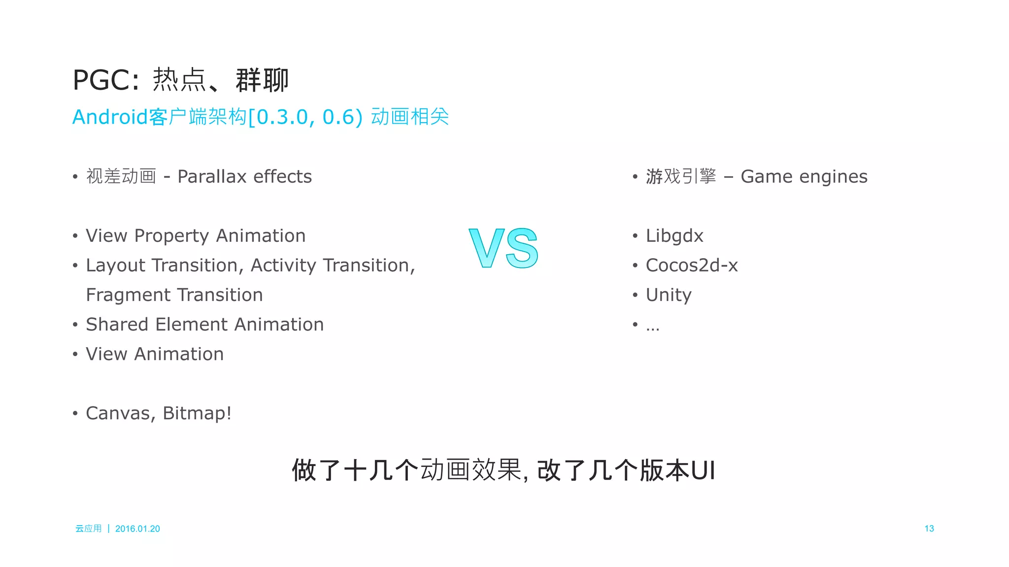 云应用 ｜ 2016.01.20 13
• 视差动画 - Parallax effects
• View Property Animation
• Layout Transition, Activity Transition,
Fragment Transition
• Shared Element Animation
• View Animation
• Canvas, Bitmap!
PGC: 热点、群聊
Android客户端架构[0.3.0, 0.6) 动画相关
• 游戏引擎 – Game engines
• Libgdx
• Cocos2d-x
• Unity
• …
做了十几个动画效果, 改了几个版本UI
 