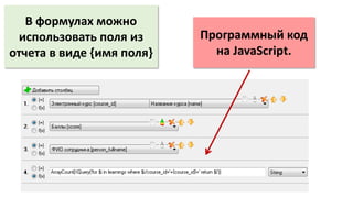 Программный код
на JavaScript.
В формулах можно
использовать поля из
отчета в виде {имя поля}
 