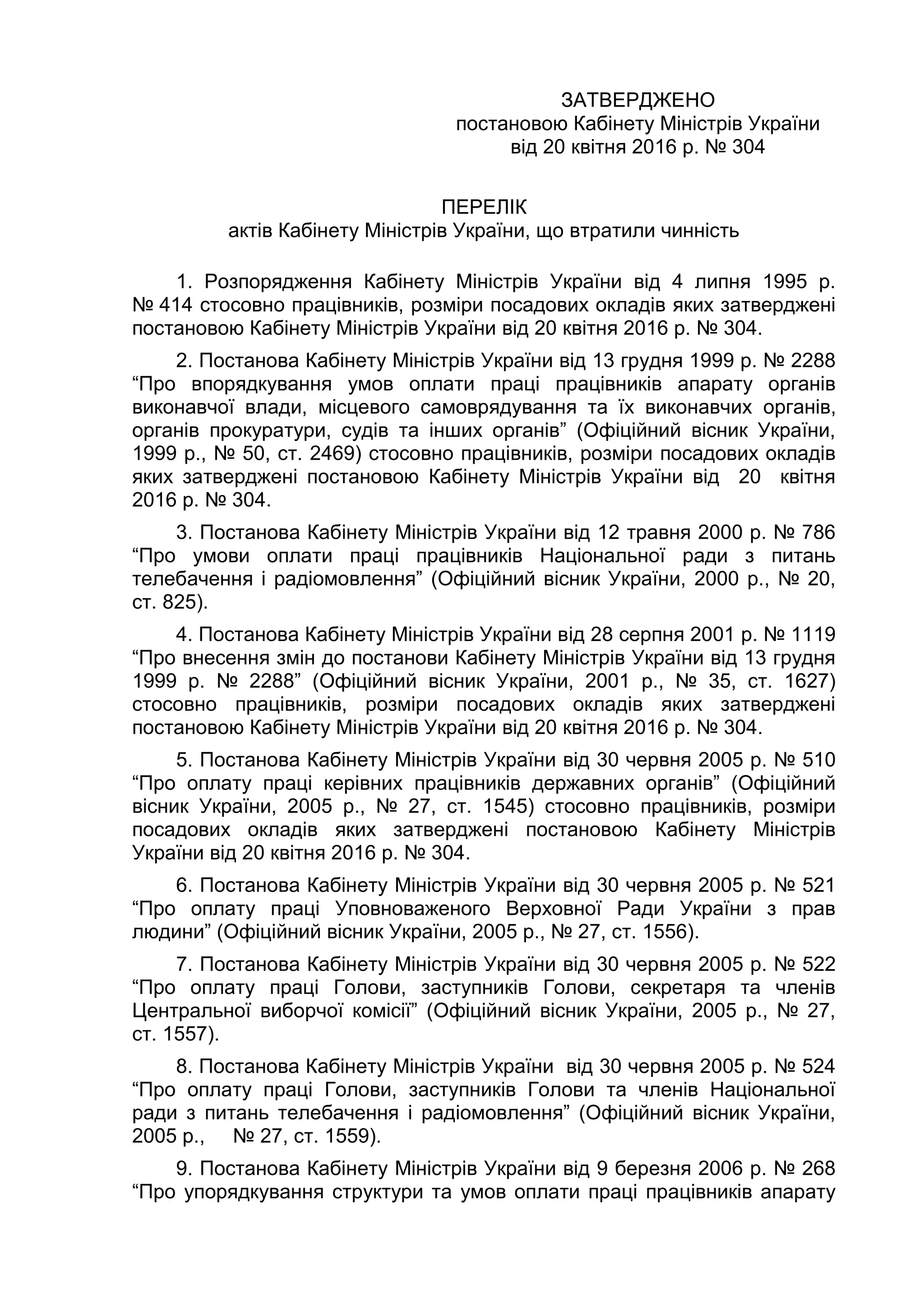 ЗАТВЕРДЖЕНО
постановою Кабінету Міністрів України
від 20 квітня 2016 р. № 304
ПЕРЕЛІК
актів Кабінету Міністрів України, що втратили чинність
1. Розпорядження Кабінету Міністрів України від 4 липня 1995 р.
№ 414 стосовно працівників, розміри посадових окладів яких затверджені
постановою Кабінету Міністрів України від 20 квітня 2016 р. № 304.
2. Постанова Кабінету Міністрів України від 13 грудня 1999 р. № 2288
“Про впорядкування умов оплати праці працівників апарату органів
виконавчої влади, місцевого самоврядування та їх виконавчих органів,
органів прокуратури, судів та інших органів” (Офіційний вісник України,
1999 р., № 50, ст. 2469) стосовно працівників, розміри посадових окладів
яких затверджені постановою Кабінету Міністрів України від 20 квітня
2016 р. № 304.
3. Постанова Кабінету Міністрів України від 12 травня 2000 р. № 786
“Про умови оплати праці працівників Національної ради з питань
телебачення і радіомовлення” (Офіційний вісник України, 2000 р., № 20,
ст. 825).
4. Постанова Кабінету Міністрів України від 28 серпня 2001 р. № 1119
“Про внесення змін до постанови Кабінету Міністрів України від 13 грудня
1999 р. № 2288” (Офіційний вісник України, 2001 р., № 35, ст. 1627)
стосовно працівників, розміри посадових окладів яких затверджені
постановою Кабінету Міністрів України від 20 квітня 2016 р. № 304.
5. Постанова Кабінету Міністрів України від 30 червня 2005 р. № 510
“Про оплату праці керівних працівників державних органів” (Офіційний
вісник України, 2005 р., № 27, ст. 1545) стосовно працівників, розміри
посадових окладів яких затверджені постановою Кабінету Міністрів
України від 20 квітня 2016 р. № 304.
6. Постанова Кабінету Міністрів України від 30 червня 2005 р. № 521
“Про оплату праці Уповноваженого Верховної Ради України з прав
людини” (Офіційний вісник України, 2005 р., № 27, ст. 1556).
7. Постанова Кабінету Міністрів України від 30 червня 2005 р. № 522
“Про оплату праці Голови, заступників Голови, секретаря та членів
Центральної виборчої комісії” (Офіційний вісник України, 2005 р., № 27,
ст. 1557).
8. Постанова Кабінету Міністрів України від 30 червня 2005 р. № 524
“Про оплату праці Голови, заступників Голови та членів Національної
ради з питань телебачення і радіомовлення” (Офіційний вісник України,
2005 р., № 27, ст. 1559).
9. Постанова Кабінету Міністрів України від 9 березня 2006 р. № 268
“Про упорядкування структури та умов оплати праці працівників апарату
 
