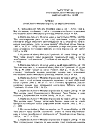 ЗАТВЕРДЖЕНО
постановою Кабінету Міністрів України
від 20 квітня 2016 р. № 304
ПЕРЕЛІК
актів Кабінету Міністрів України, що втратили чинність
1. Розпорядження Кабінету Міністрів України від 4 липня 1995 р.
№ 414 стосовно працівників, розміри посадових окладів яких затверджені
постановою Кабінету Міністрів України від 20 квітня 2016 р. № 304.
2. Постанова Кабінету Міністрів України від 13 грудня 1999 р. № 2288
“Про впорядкування умов оплати праці працівників апарату органів
виконавчої влади, місцевого самоврядування та їх виконавчих органів,
органів прокуратури, судів та інших органів” (Офіційний вісник України,
1999 р., № 50, ст. 2469) стосовно працівників, розміри посадових окладів
яких затверджені постановою Кабінету Міністрів України від 20 квітня
2016 р. № 304.
3. Постанова Кабінету Міністрів України від 12 травня 2000 р. № 786
“Про умови оплати праці працівників Національної ради з питань
телебачення і радіомовлення” (Офіційний вісник України, 2000 р., № 20,
ст. 825).
4. Постанова Кабінету Міністрів України від 28 серпня 2001 р. № 1119
“Про внесення змін до постанови Кабінету Міністрів України від 13 грудня
1999 р. № 2288” (Офіційний вісник України, 2001 р., № 35, ст. 1627)
стосовно працівників, розміри посадових окладів яких затверджені
постановою Кабінету Міністрів України від 20 квітня 2016 р. № 304.
5. Постанова Кабінету Міністрів України від 30 червня 2005 р. № 510
“Про оплату праці керівних працівників державних органів” (Офіційний
вісник України, 2005 р., № 27, ст. 1545) стосовно працівників, розміри
посадових окладів яких затверджені постановою Кабінету Міністрів
України від 20 квітня 2016 р. № 304.
6. Постанова Кабінету Міністрів України від 30 червня 2005 р. № 521
“Про оплату праці Уповноваженого Верховної Ради України з прав
людини” (Офіційний вісник України, 2005 р., № 27, ст. 1556).
7. Постанова Кабінету Міністрів України від 30 червня 2005 р. № 522
“Про оплату праці Голови, заступників Голови, секретаря та членів
Центральної виборчої комісії” (Офіційний вісник України, 2005 р., № 27,
ст. 1557).
8. Постанова Кабінету Міністрів України від 30 червня 2005 р. № 524
“Про оплату праці Голови, заступників Голови та членів Національної
ради з питань телебачення і радіомовлення” (Офіційний вісник України,
2005 р., № 27, ст. 1559).
9. Постанова Кабінету Міністрів України від 9 березня 2006 р. № 268
“Про упорядкування структури та умов оплати праці працівників апарату
 