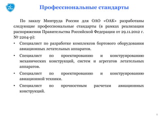 По заказу Минтруда России для ОАО «ОАК» разработаны
следующие профессиональные стандарты (в рамках реализации
распоряжения Правительства Российской Федерации от 29.11.2012 г.
№ 2204-р):
• Специалист по разработке комплексов бортового оборудования
авиационных летательных аппаратов.
• Специалист по проектированию и конструированию
механических конструкций, систем и агрегатов летательных
аппаратов.
• Специалист по проектированию и конструированию
авиационной техники.
• Специалист по прочностным расчетам авиационных
конструкций.
6
Профессиональные стандарты
 