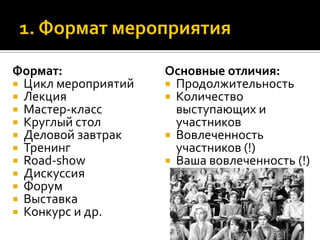 Формат:
 Цикл мероприятий
 Лекция
 Мастер-класс
 Круглый стол
 Деловой завтрак
 Тренинг
 Road-show
 Дискуссия
 Форум
 Выставка
 Конкурс и др.
Основные отличия:
 Продолжительность
 Количество
выступающих и
участников
 Вовлеченность
участников (!)
 Ваша вовлеченность (!)
 